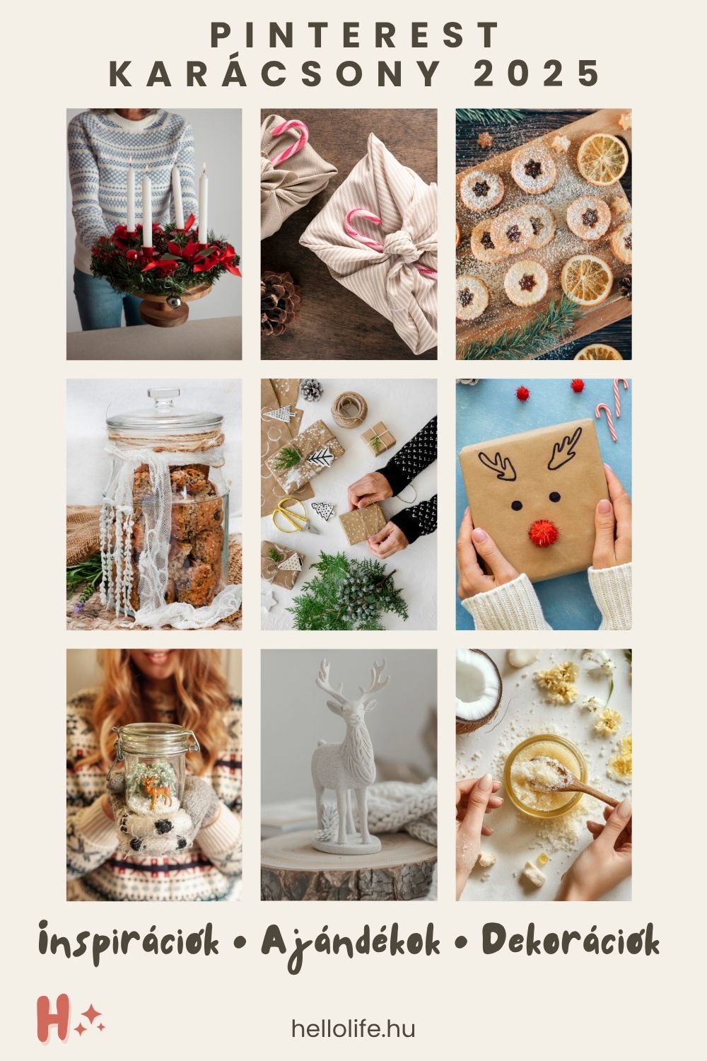 Pinterest karácsonyi inspirációk 2025 – DIY ajándékok, dekorációk és receptek moodboard a Hello-Life.eu-ról