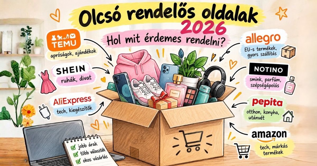 Olcsó rendelős oldalak 2026 – Temu, SHEIN, AliExpress, Allegro, Notino, Pepita és Amazon vásárlási útmutató.