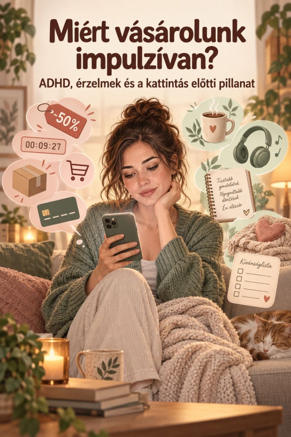 ADHD és impulzív vásárlás – telefonját néző nő akciós ajánlatok, csomag, kívánságlista és megnyugtató alternatívák között.