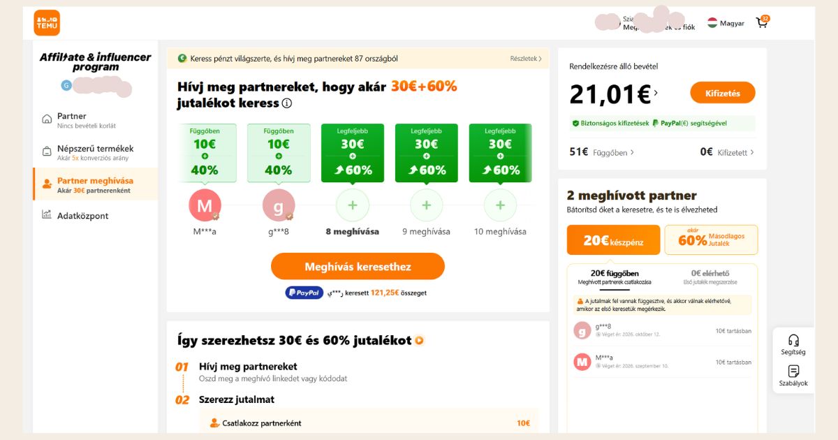 Temu affiliate partnermeghívás – két meghívott után 20 euró függő jutalom