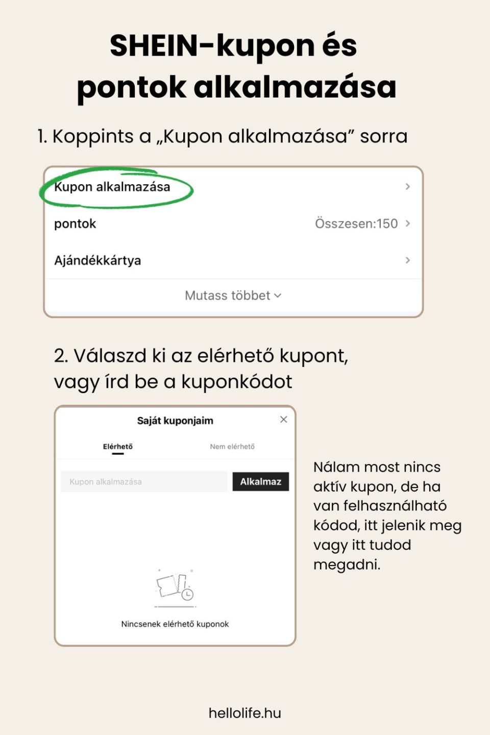 SHEIN kupon alkalmazása és pontok felhasználása a rendelés pénztári oldalán