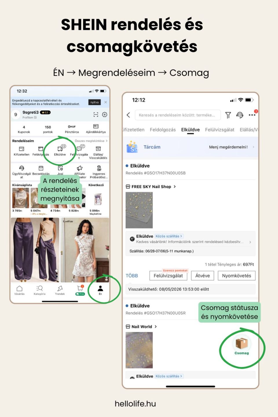 SHEIN rendelés megnyitása és a szállítás alatt álló csomag nyomon követése az alkalmazásban