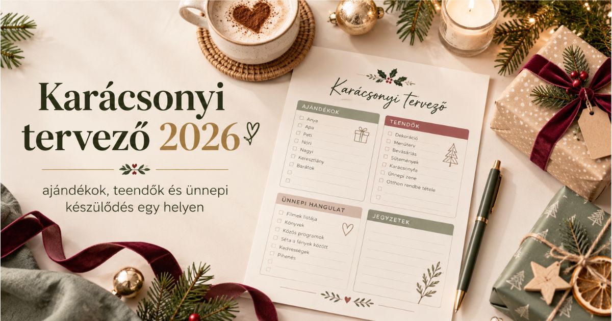 Karácsonyi tervező 2026 ajándéklistával, ünnepi teendőkkel és karácsonyi dekorációval.