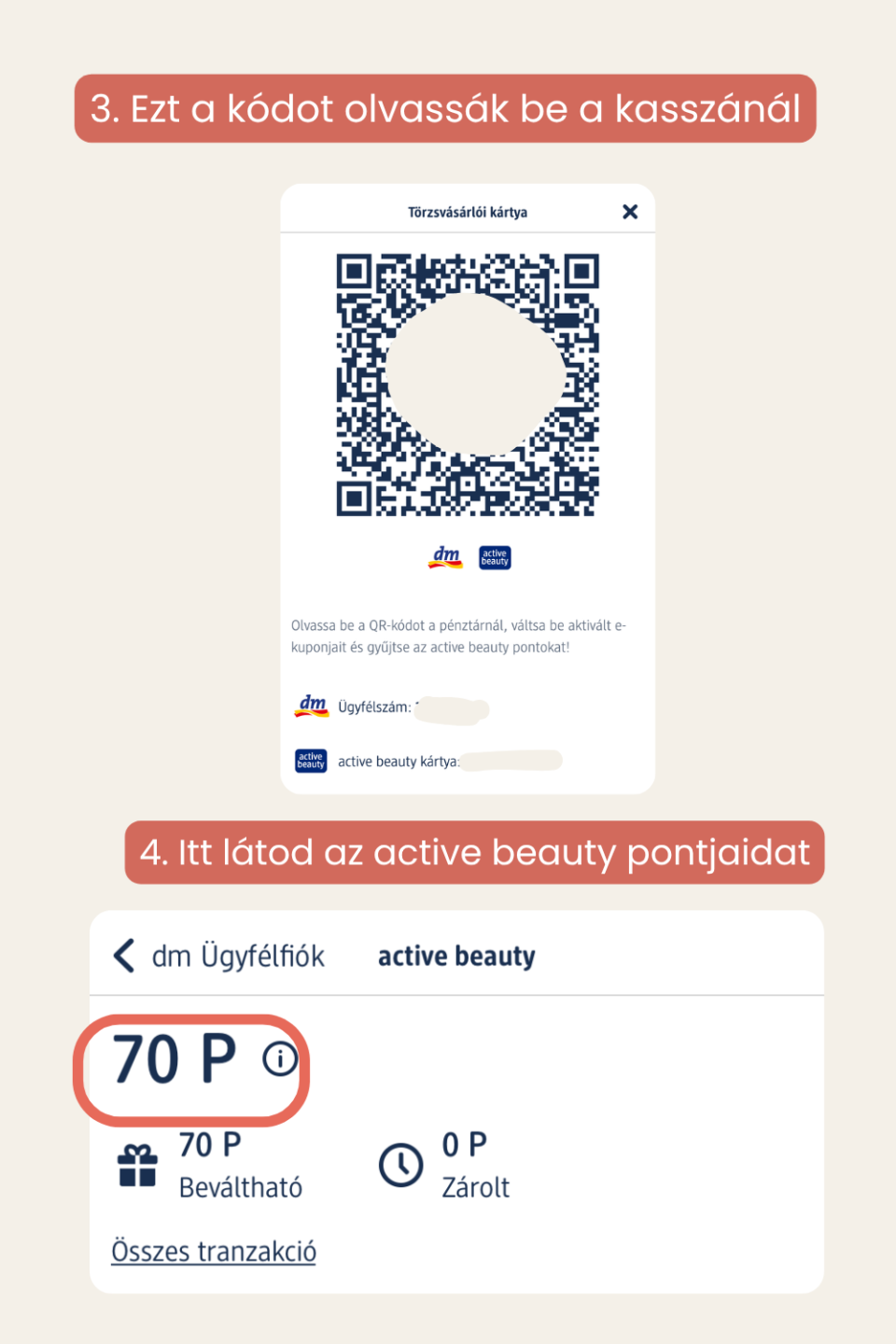 DM active beauty digitális kártya QR-kóddal és active beauty pontegyenleg