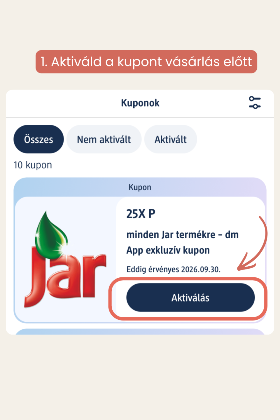 DM active beauty kupon aktiválás a dm Appban az Aktiválás gombbal