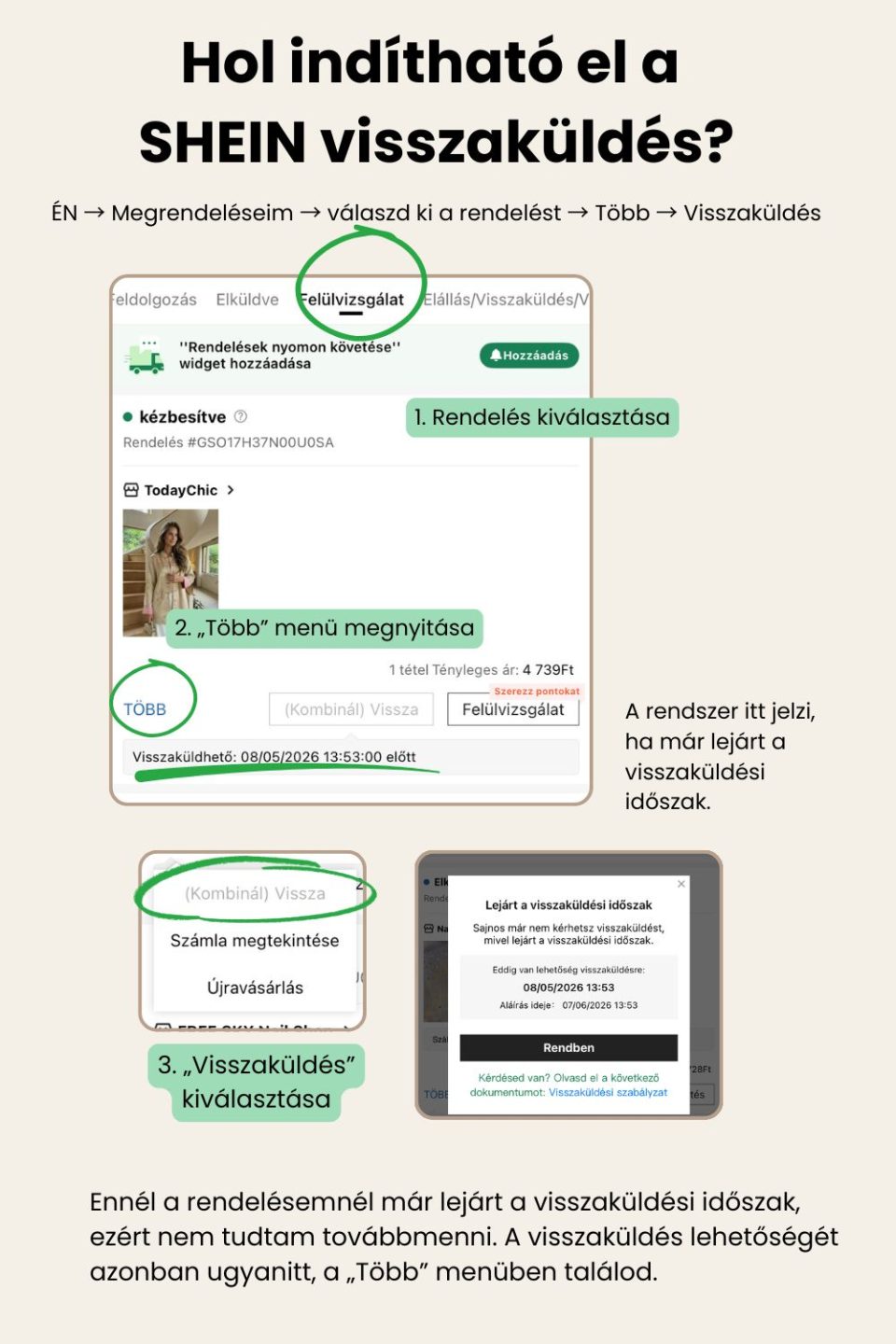 SHEIN visszaküldés indítása a Több menüből és a lejárt visszaküldési időszak jelzése