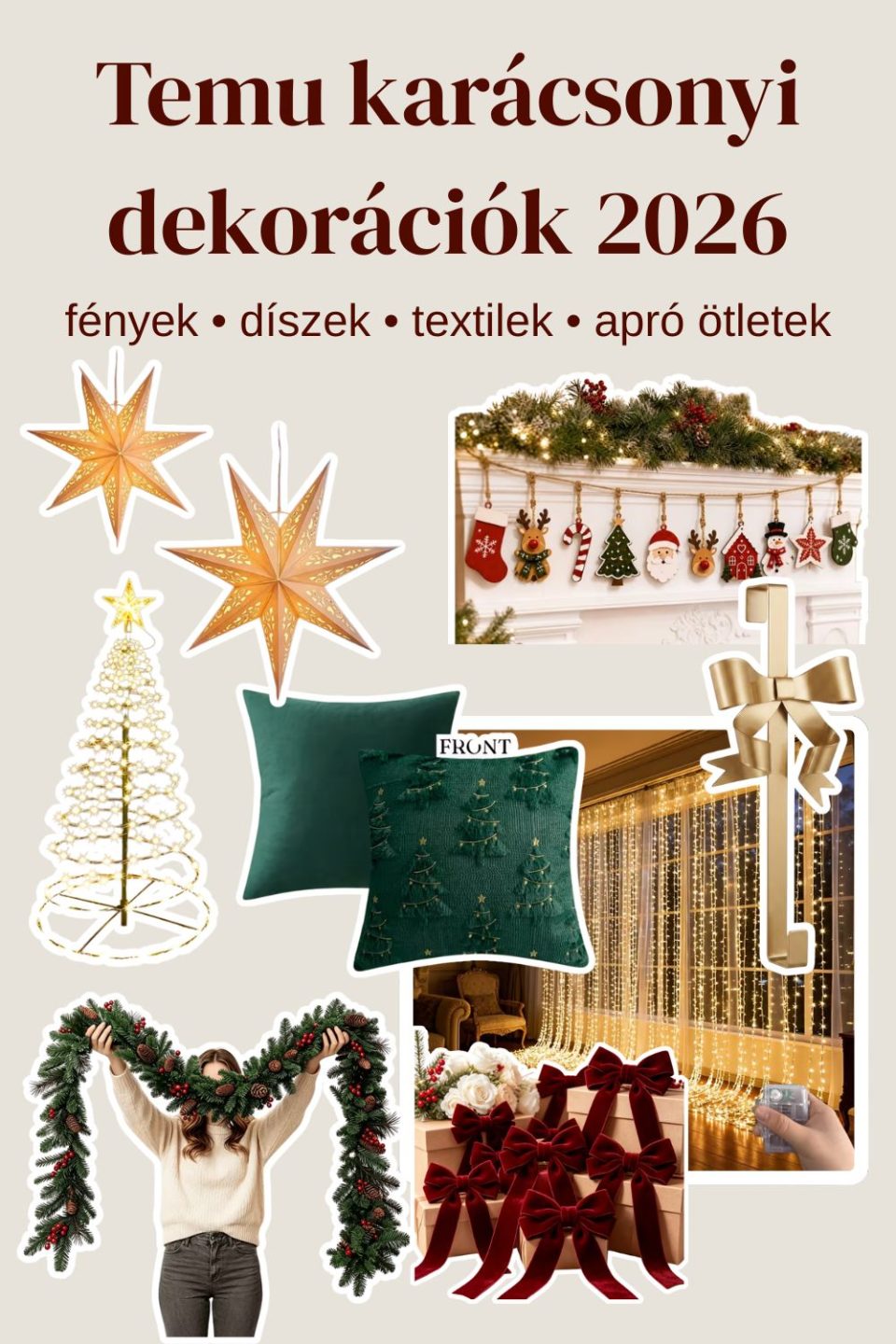 Temu karácsonyi dekorációk 2026 – fényfüggöny, karácsonyi párnahuzat, masnik, csillag fénydekoráció és ünnepi díszek.
