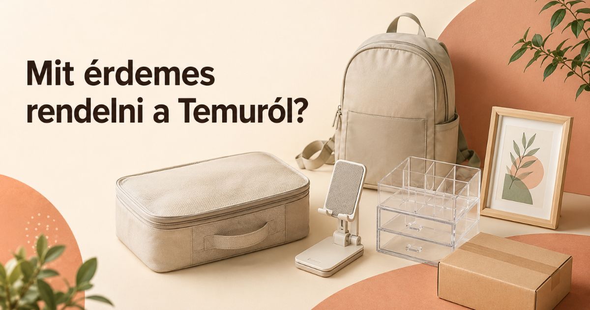 Praktikus Temu-termékek hátizsákkal, packing cube-bal, telefontartóval, sminktárolóval és képkerettel