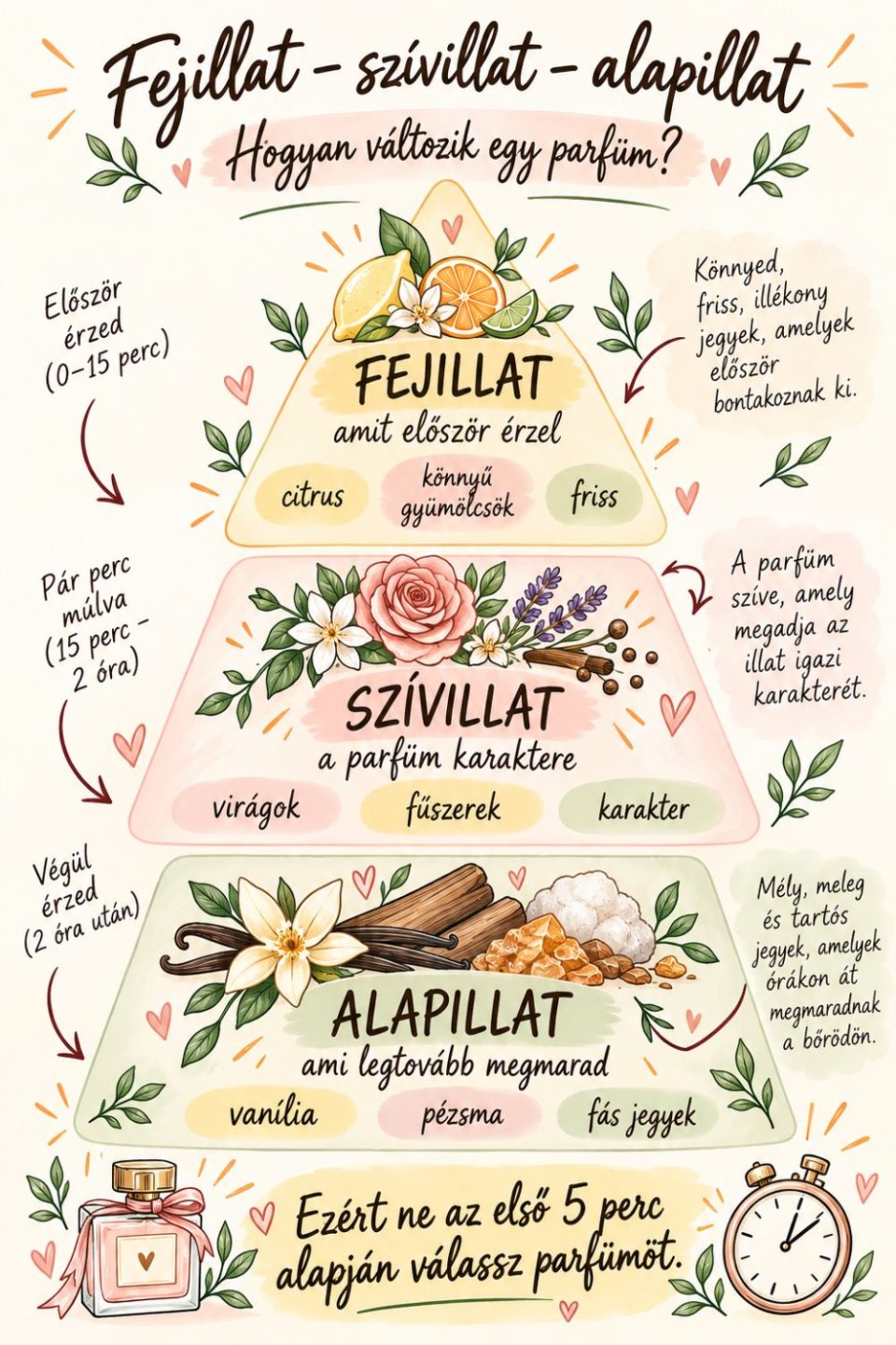Fejillat szívillat alapillat parfüm piramis – citrusos fejjegyek, virágos szívjegyek, vaníliás pézsmás és fás alapjegyek.