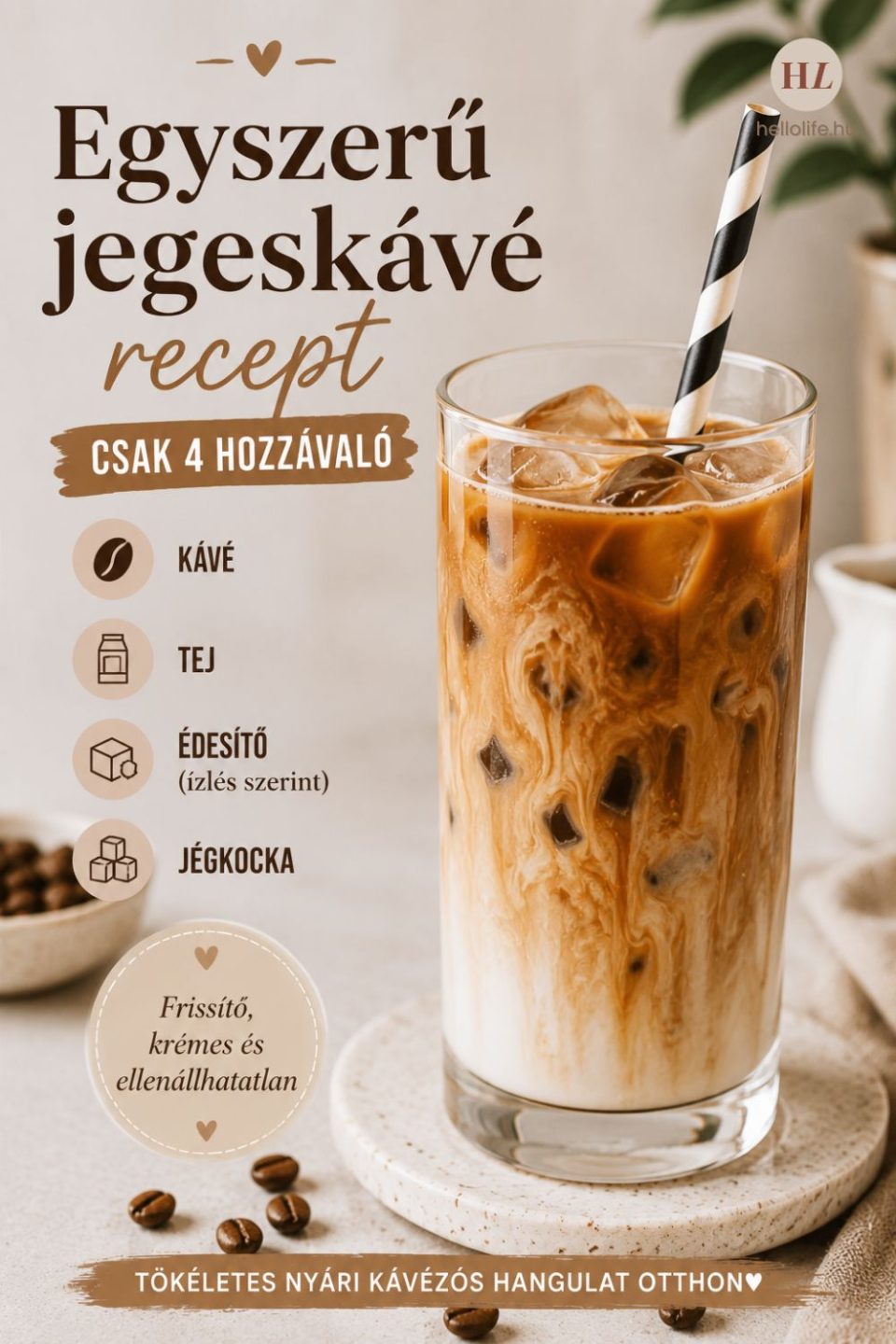 Magas pohár házi jegeskávé jégkockákkal, tejjel és kávéval. Pinterest stílusú receptgrafika „Egyszerű jegeskávé recept – csak 4 hozzávaló” felirattal.