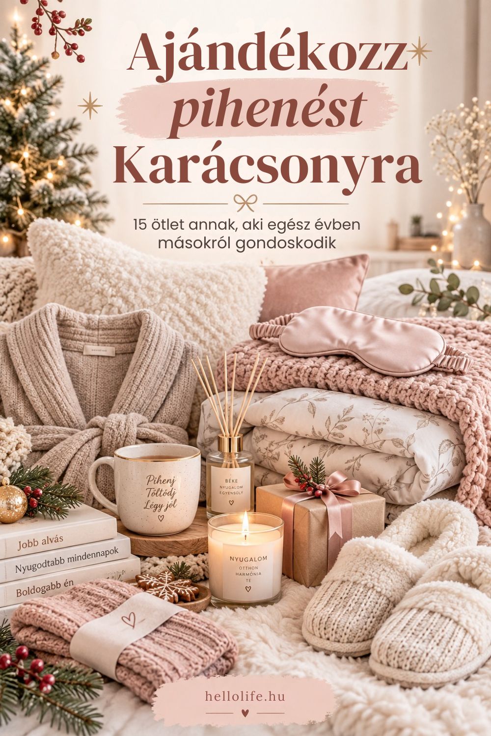 Ajándékozz pihenést karácsonyra – puha takaró, köntös, alvómaszk, gyertya és tea egy meghitt hálószobában.