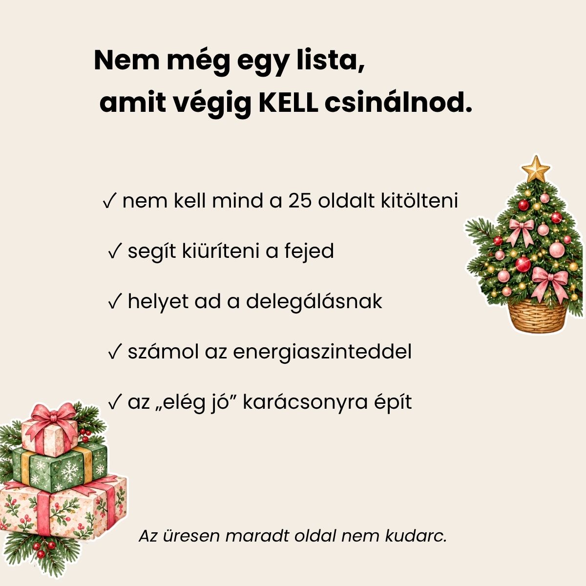 ADHD-barát karácsonyi tervező bemutatókép, amely kiemeli, hogy nem kell az összes oldalt kitölteni.