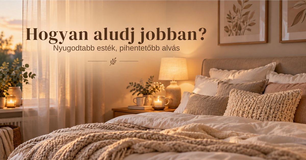 Nyugodt, meleg fényű hálószoba kényelmes ággyal, puha párnákkal és takaróval – hogyan aludj jobban és pihentetőbben.