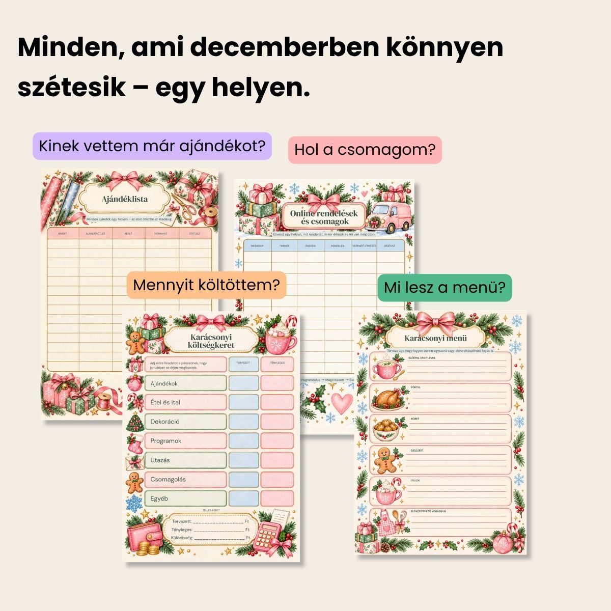 Karácsonyi planner oldalak ajándéklistához, rendelések követéséhez, költségvetéshez és ünnepi menütervezéshez.