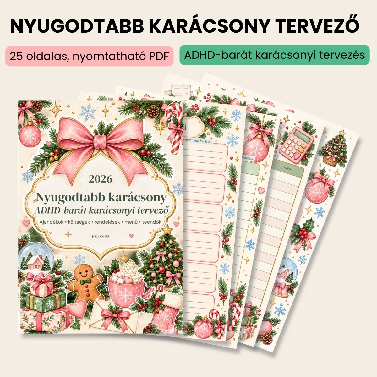 Nyugodtabb karácsony tervező digitális PDF borítója és belső oldalai, ADHD-barát karácsonyi planner.