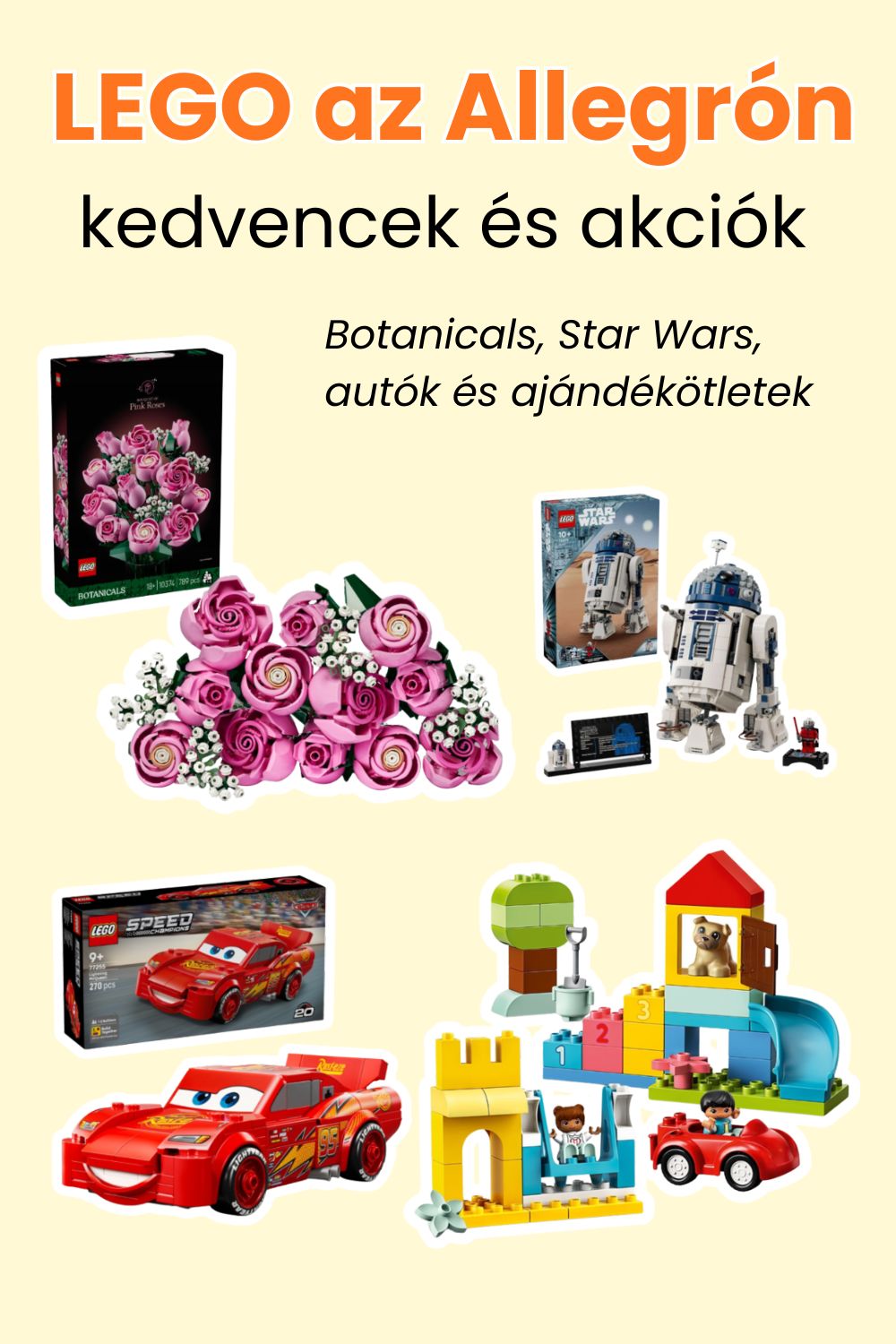 Válogatás népszerű LEGO készletekből az Allegro kínálatából, többek között LEGO Botanicals virágokkal, Star Wars, Speed Champions és gyerekeknek szánt építőkészletekkel.