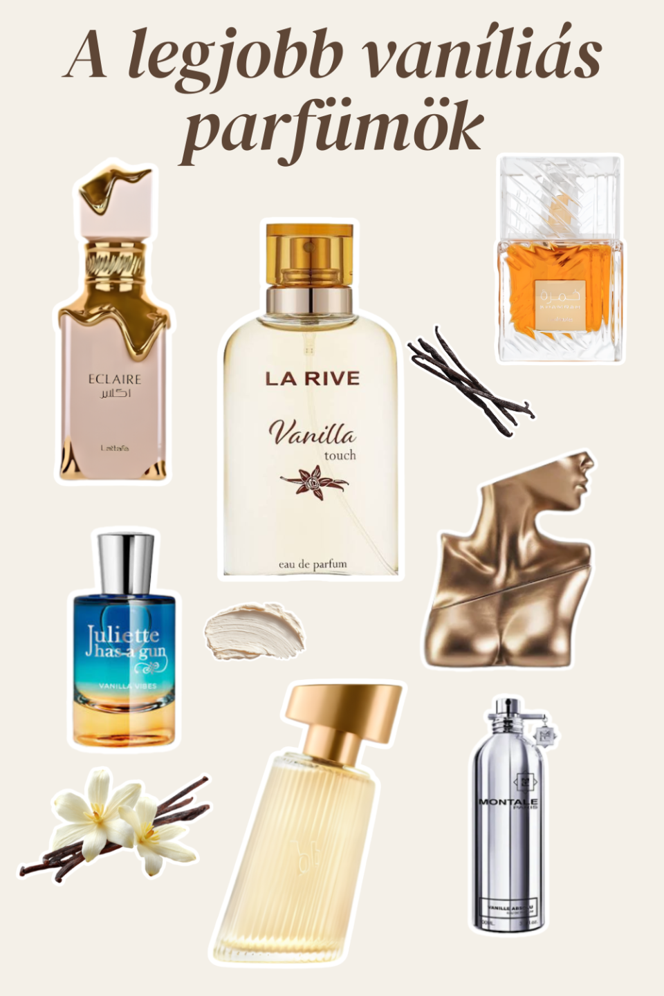 Vaníliás parfümök 2026 – La Rive Vanilla Touch, Lattafa Eclaire, Billie Eilish, Bruno Banani és prémium vaníliás illatok kollázsa.