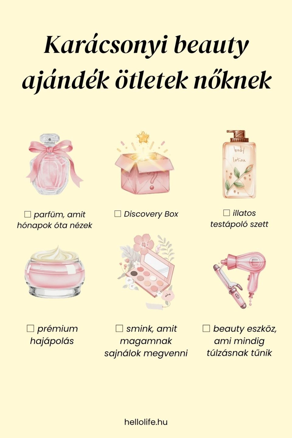 Karácsonyi beauty wishlist parfümmel, Discovery Boxszal, testápolási szettel, prémium hajápolással, sminkkel és beauty eszközzel.