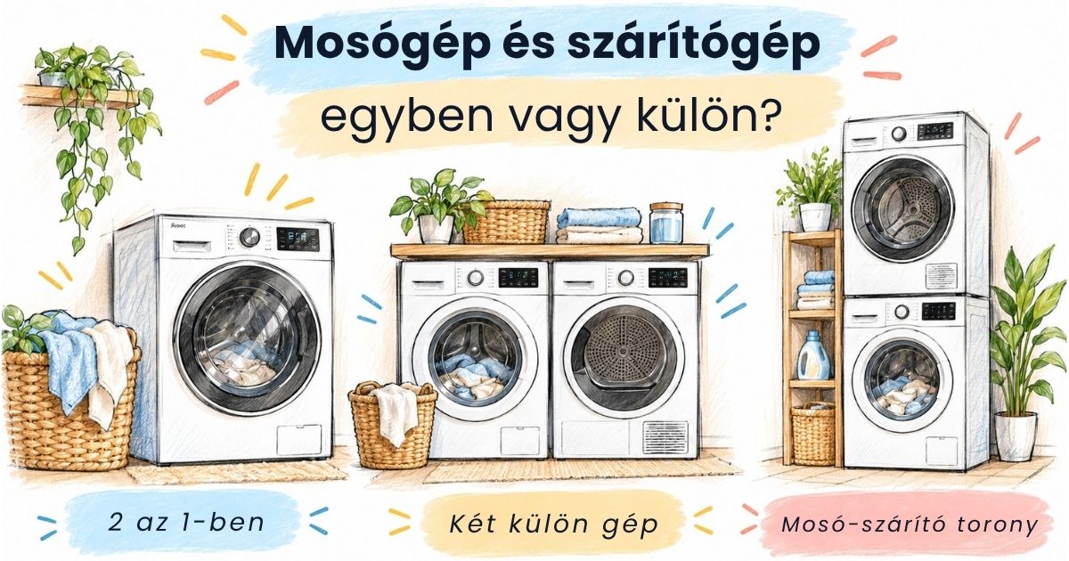 Mosógép és szárítógép egyben vagy külön – 2 az 1-ben mosó-szárítógép, két külön gép és mosó-szárító torony.