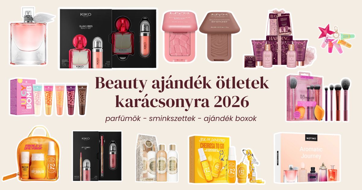 Beauty ajándékötletek karácsonyra 2026 – parfümök, sminkszettek és beauty boxok ünnepi ajándékcsomagolásban.