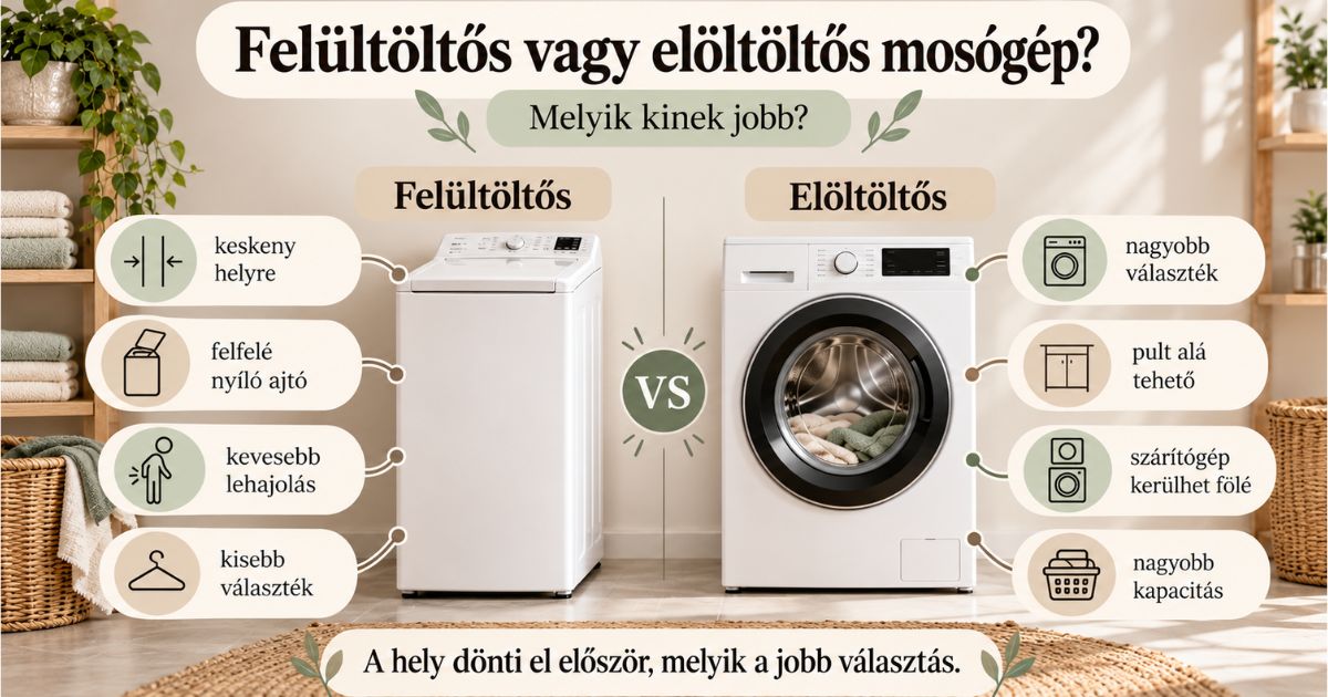 Felültöltős és elöltöltős mosógép összehasonlítása helyigény, kapacitás és praktikus szempontok alapján.