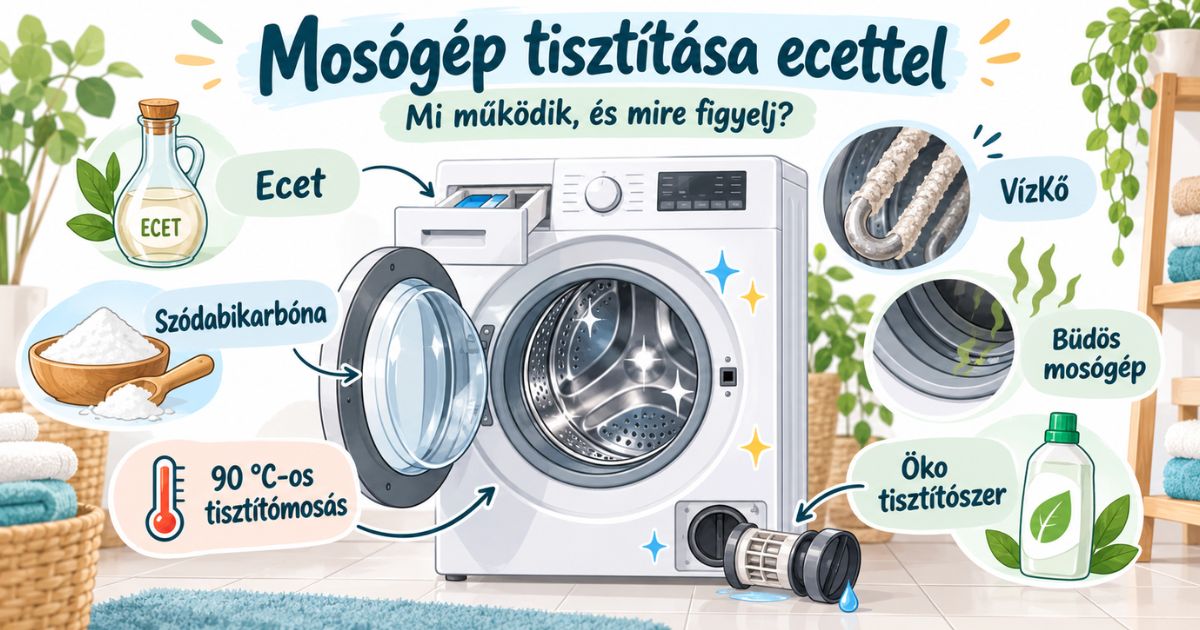 Mosógép tisztítása ecettel – ecet, szódabikarbóna, 90 °C-os tisztítómosás, vízkő és öko tisztítószer infografika.