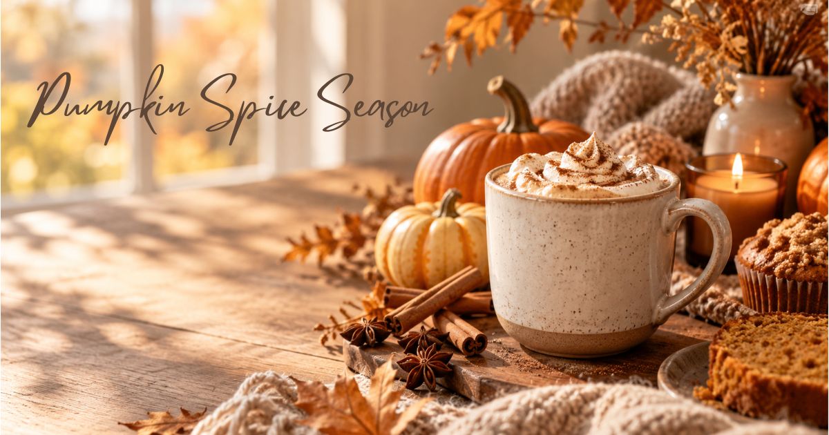 Pumpkin spice latte sütőtökökkel, fahéjjal, gyertyával és őszi süteményekkel természetes fényben.